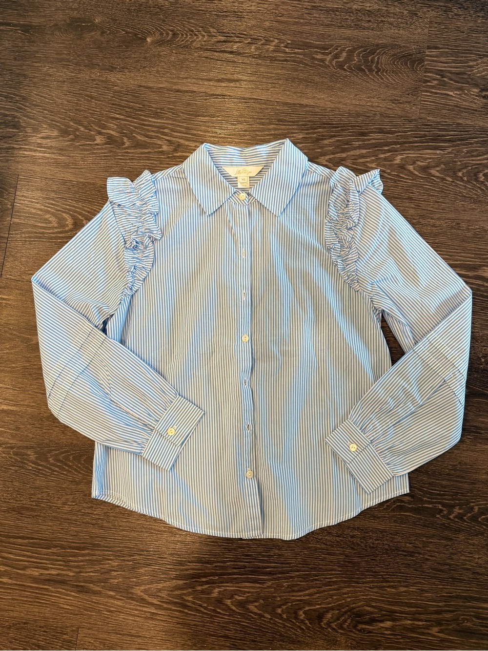 Lilly Pulitzer Blue Stripe Ruffle Shoulder Button-Down Collared Shirt